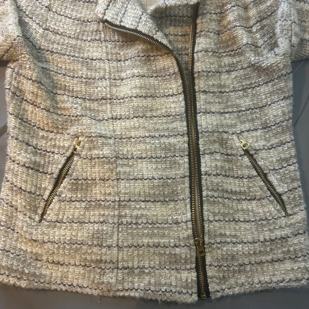 Lucky Brand Tweed Zipper Jacket Women Medium Beige Black Moto Style‎